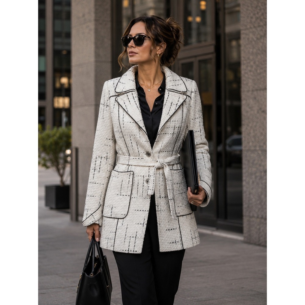 Office Y2K 90s Cashmere Wool White Black Plaid Tweed Moto Quiet Luxury M Coat